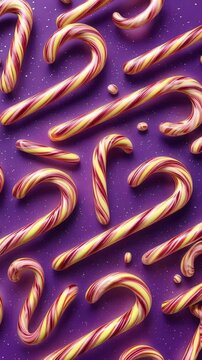 Festive 3D render of red and yellow striped candy canes scattered on a vibrant purple background