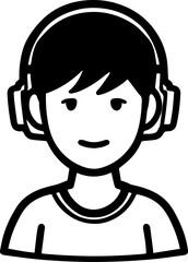 Obraz premium Hand Drawn Boy Wearing Headphones Black and White Avatar Illustration in Minimal Line Art Style Design