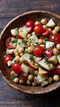 Top view of a healthy chickpea salad with cherry tomatoes and diced apples in a rustic wooden bowl