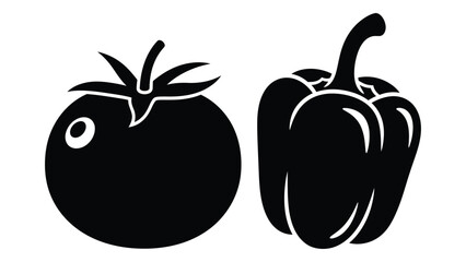 A black and white illustration of a tomato and a bell pepper side by side on a plain background, showcasing a simple yet striking visual representation of two popular vegetables. © Rian