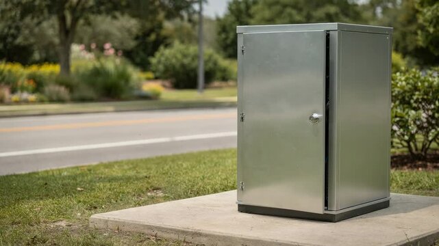 Focused view of a compact edge compute cabinet with visible server units positioned near a roadside park with natural greenery out of focus in the background.
