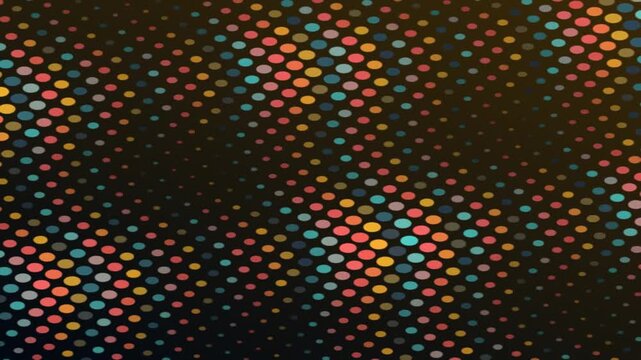 Halftone pattern of multicolored dots on a black background with a white border at the bottom.
