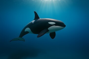 Fototapeta premium Orca whale swimming in deep blue ocean with dramatic light beams, realistic marine wildlife render ideal for conservation and ocean awareness campaigns.