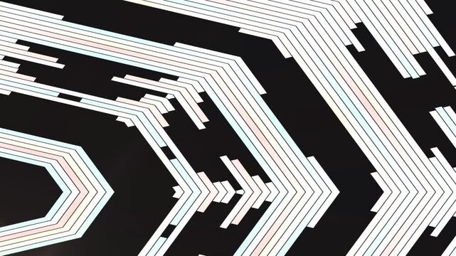 Close-up of a black background with white, red, and blue lines arranged in a futuristic chevron pattern with a technological feel.