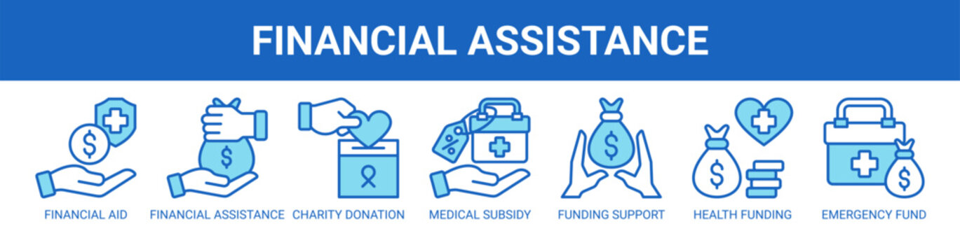 Financial Assistance web banner icon vector illustration concept with icons of financial aid, financial assistance, charity donation, medical subsidy, funding support, health funding, emergency funds.