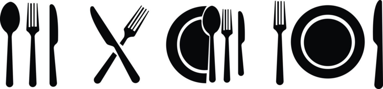 Fork, knife, spoon and plate set icons. Tableware set flat style. Dinner service collection. Plate, fork and knife for apps and websites. Dinner service - stock vector. See Less. isolated on transpare