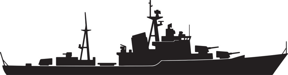 Black silhouette of a modern warship with cannons and radar mast also transparent background military © BeCoolOk