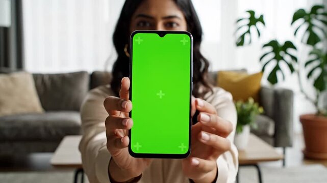Green Screen Phone in Hand: A person, framed in a cozy indoor setting, presents a smartphone with a vibrant green screen, perfect for adding your custom content.