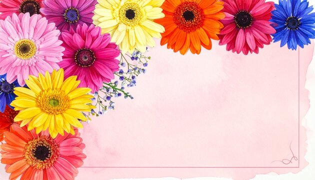 Vibrant Floral Frame: A stunning composition of brightly colored gerbera daisies forms an eye-catching border, artfully arranged to enhance a blank space, perfect for adding your personal message.