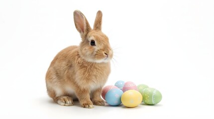 Obraz premium Cute brown Easter bunny sitting with a pile of colorful pastel painted eggs on white