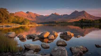 Scenic landscape with mountain range reflecting in calm lake under cloudy sky
