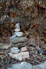 Obraz premium Stacked stones for prayer and balance on a forest floor with dry leaves.