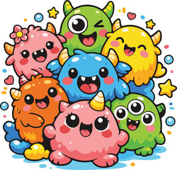 Fototapeta premium Group of cute colorful cartoon monster characters with playful expressions. Fun kids illustration suitable for stickers, children books, and playful design.