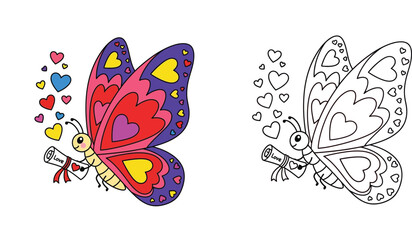 Fototapeta premium Cute Valentine butterfly holding love letter coloring page illustration color and black outline