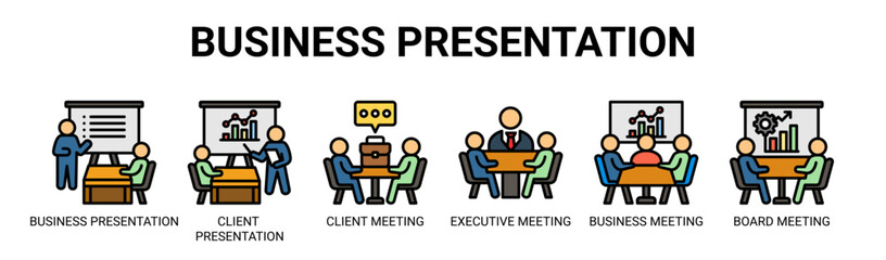 Naklejka premium Business Presentation web banner icon vector illustration concept with icons of business presentation, client presentation, client meeting, executive meeting, business meeting, and board meeting.