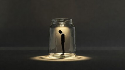 Conceptual image of a person trapped inside a glass jar in spotlight