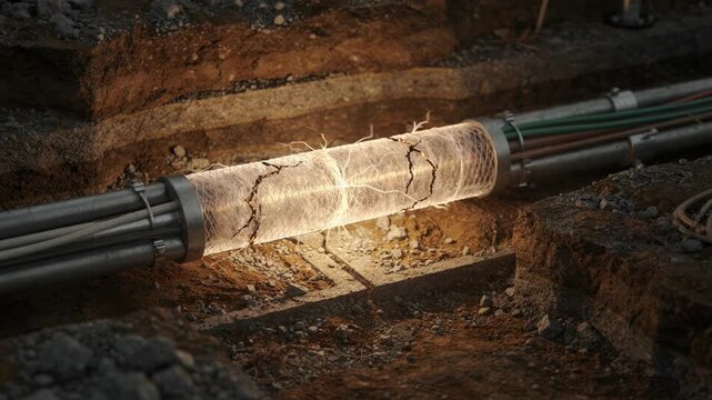 Medium shot of underground conduit featuring selfrepairing fiber sheath with surrounding earth tones and pipes out of focus focusing on durability and innovation.