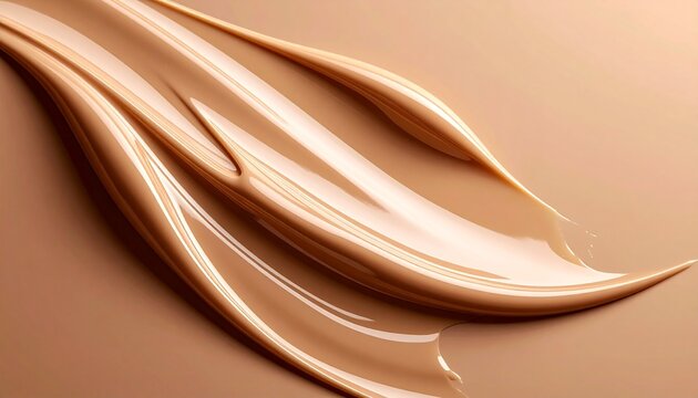 Liquid foundation swirl macro close-up, beige cream texture background, close up