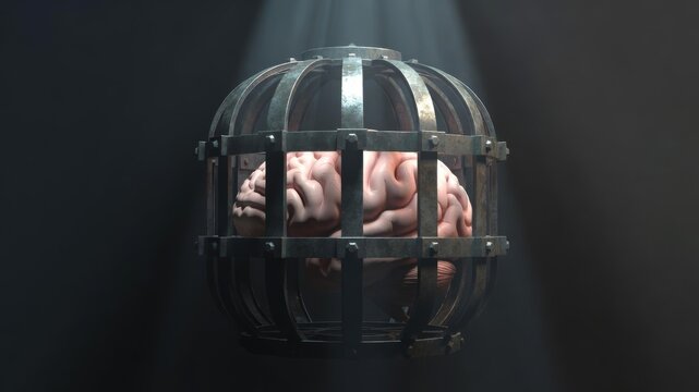 Human Brain Locked in Metal Cage Conceptual 3D Illustration