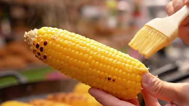 Close-up of two hands brushing butter on a grilled corn cob with a wooden brush in a kitchen with warm tones.