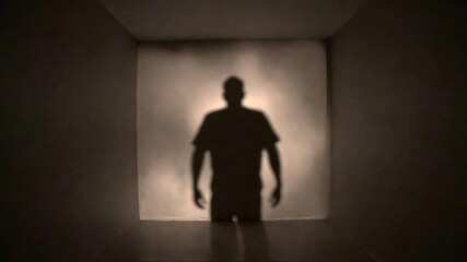 Obraz premium Silhouette of man standing in a dark, minimalistic room with light background