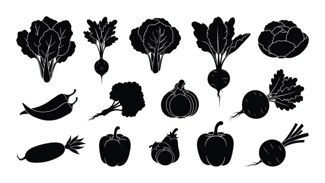 A comprehensive collection of vegetable silhouettes featuring various types of produce
