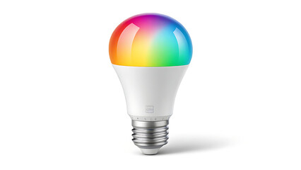 Modern RGB smart LED bulb glowing with colorful gradient light on white background