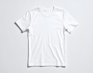 Fototapeta premium Clean white short-sleeve t-shirt lays flat against white background