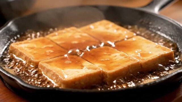 Close-up of square tofu pieces being drizzled with sauce in a cast-iron skillet on a wooden surface with warm tones.