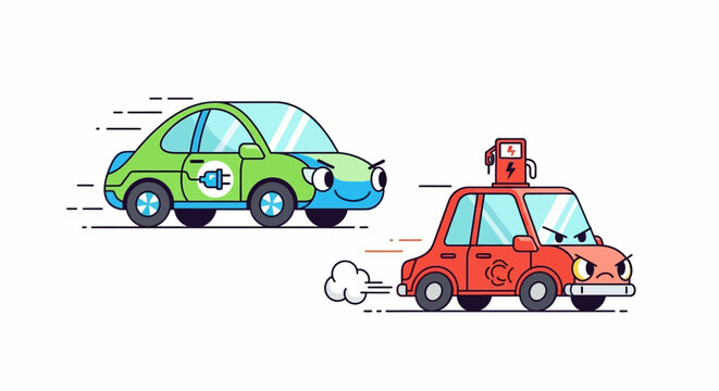 Green Energy Wins Cheerful Electric Car Zips Past Fuming Gasoline Vehicle, Symbolizing Sustainable Transportation Progress