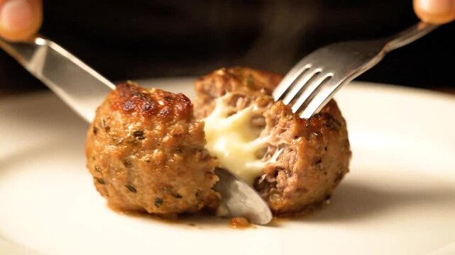 Close-up of a fork and knife cutting into a cheesy meatball on a white plate with a dark background.
