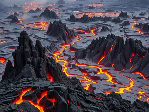 Jagged volcanic rock formations amidst smoldering lava flows, ancient and dangerous terrain,  eruption,  rock
