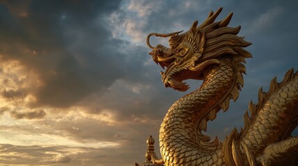 Fototapeta premium Majestic Golden Dragon: A close-up view of an impressive golden dragon statue against a dramatic sky, symbolizing power and good fortune.