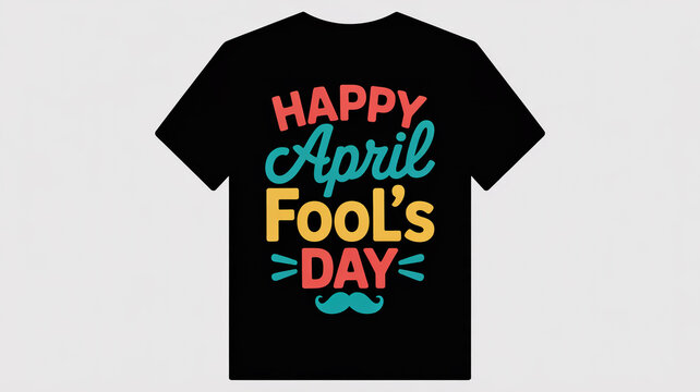 Black t-shirt with Happy April Fool's Day colorful text design