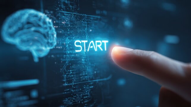 Initiate: Start Button and Brain: A digital interface presents a glowing START button, poised to be activated, with a glowing brain beside.