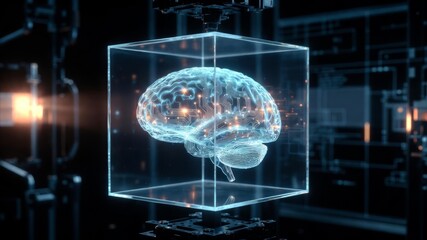 Obraz premium Futuristic Holographic Brain with Digital Circuitry in Transparent Cube