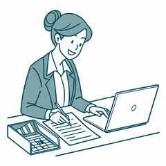 Vector illustration of a businesswoman working on laptop and documents