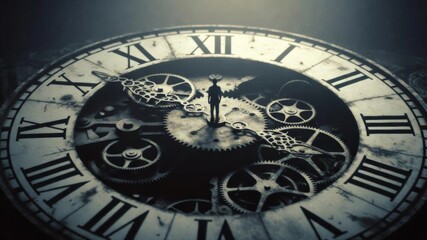 Obraz premium Conceptual image of time and life with clock gears and human figure