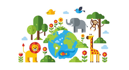 Fototapeta premium Vibrant flat design illustration showcasing Earth's diverse wildlife and flourishing natural environment, emphasizing global ecological balance and preservation