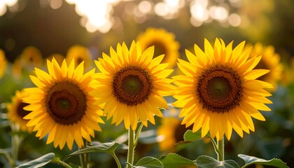 Obraz premium Golden sunflowers in a field, bright yellow petals, green centers, bokeh highlights create a warm light effect