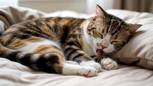 Adorable Calico Cat Sleeping Peacefully on a Cozy Bed.