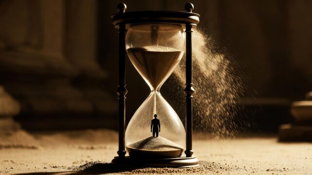 Creative Concept of Time Passing with Person Inside Hourglass