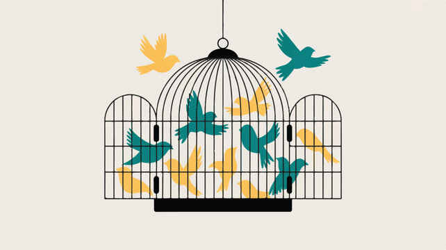 Birds flying out of an open cage  freedom concept