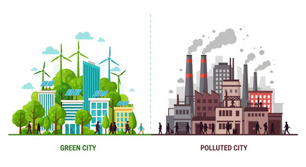 Illustrating the environmental contrast between a vibrant green city powered by renewable energy and a heavily polluted industrial urban area © Avra