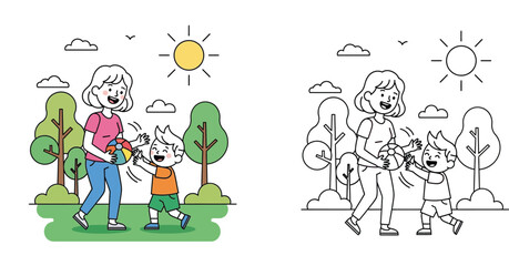 Fototapeta premium Mother and Son Playing with Ball Outdoors, Happy Family Time