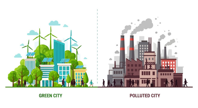 Illustrating the environmental contrast between a vibrant green city powered by renewable energy and a heavily polluted industrial urban area