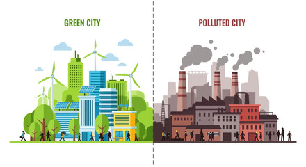Obraz premium Sustainable urban future versus industrial pollution Visualizing the stark contrast between eco-friendly and environmentally damaged cities