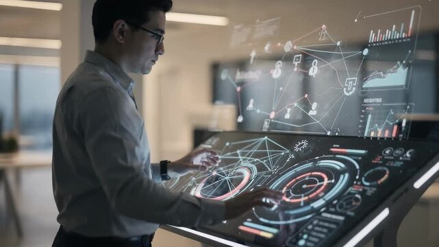 Medium shot of a data analyst adjusting social network algorithm settings on a digital console with weightings highlighted and the background softly blurred for focus.