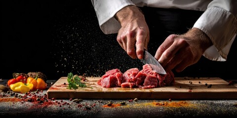 The raw beef being sliced by a chef on a wooden cutting board