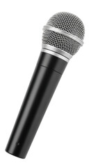 A black microphone with a silver grill isolated on transparent background